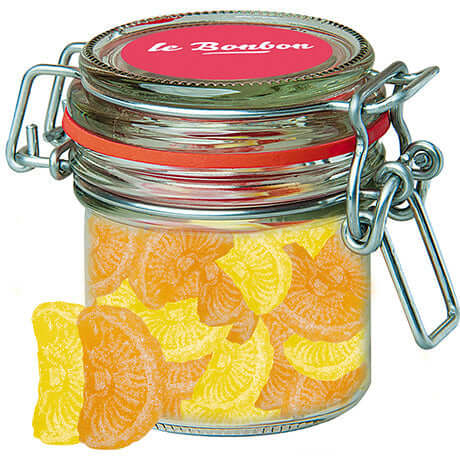 Citroen & Sinaasappel Bonbons (60g) in Mini Bonbonglas met Bedrukte Deksel