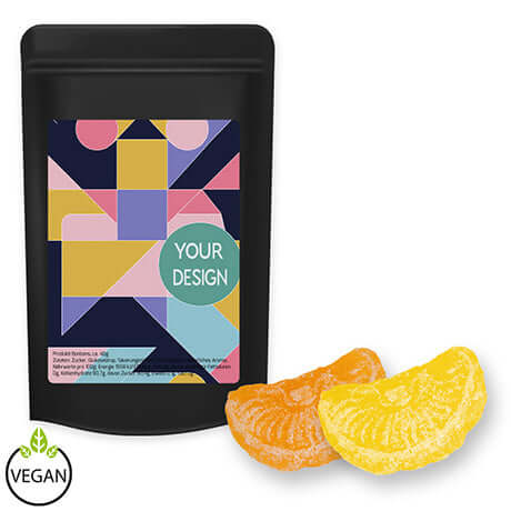 Alt Tag: Zitrone und Orangen bonbons, ca. 80g, stazak Midi schwarz bedrukken – ca. 80g vegan snoep in zwarte stazak met eigen ontwerp