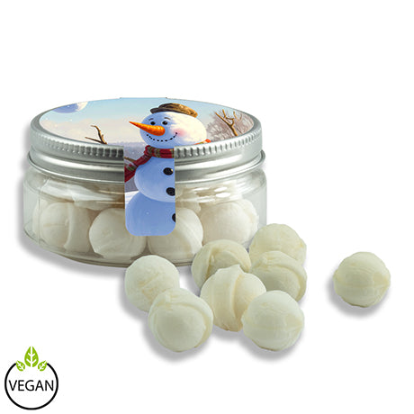 Kerstsnoep met logo: zoete sneeuwballen in snoeppotje (60 gram)