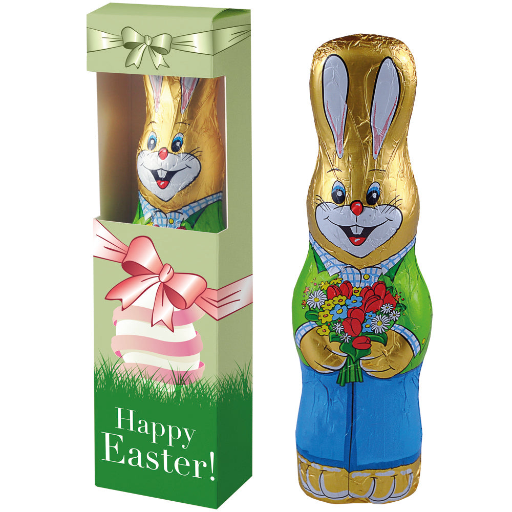 Schoko Osterhase stehend, ca. 60g, Faltschachtel mit Sichtfenster bedrukken – promotionele snack